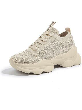 Women's Beige Mesh Rhinestone Chunky Sparkly Bling Glitter Walking Sneakers Shoe